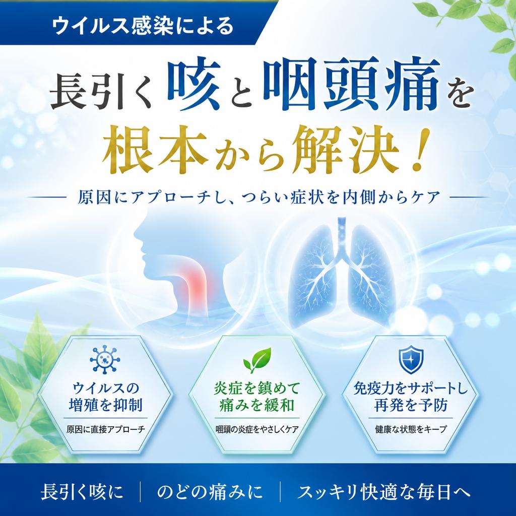 ウイルス感染による長引く咳と咽頭痛を根本から解決！